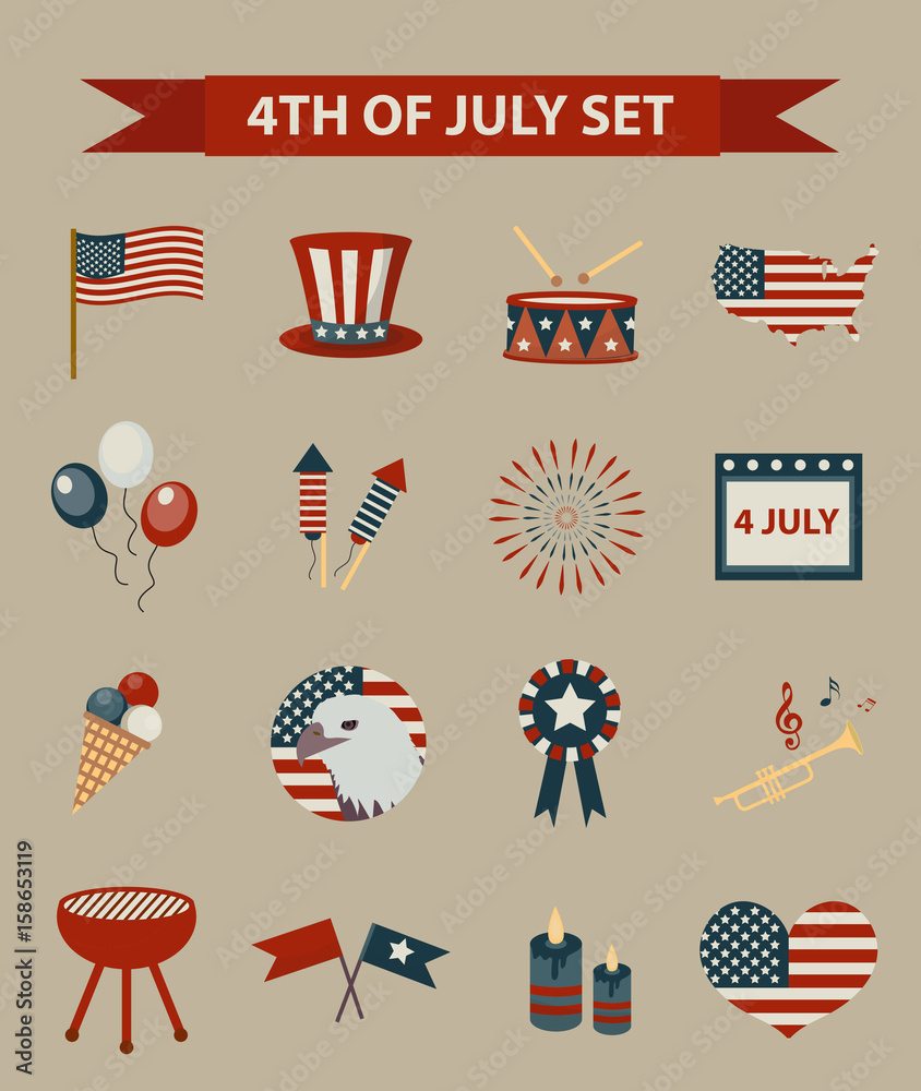 Vintage style set of patriotic icons Independence Day of America. July