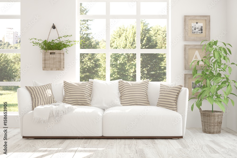 White room with sofa and green landscape in window. Scandinavian interior design. 3D illustration White room with sofa and green landscape in window. Scandinavian interior design. 3D illustration