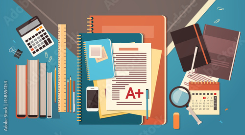 Workplace Desk Documents Papers Folder Office Stuff Top Angle View Copy Space Flat Vector Illustration