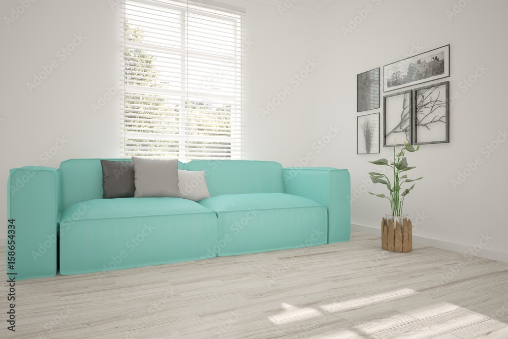 Fototapeta premium White modern room with sofa. Scandinavian interior design. 3D illustration