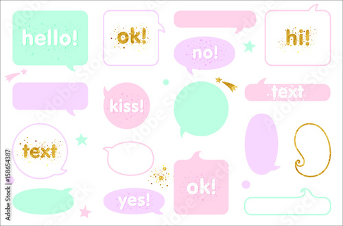 Vector speech bubbles, frames for dialog with example of text inside. Vector comic frames for text. 