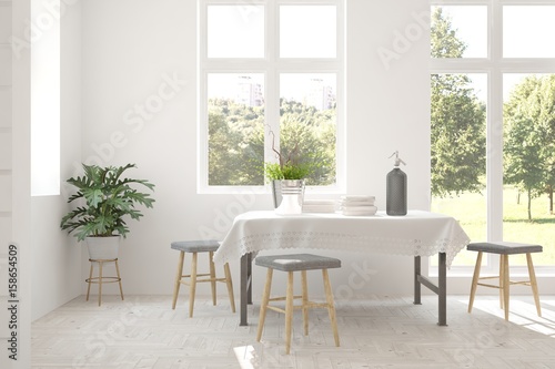 White dinner room with green landscape in window. Scandinavian interior design. 3D illustration