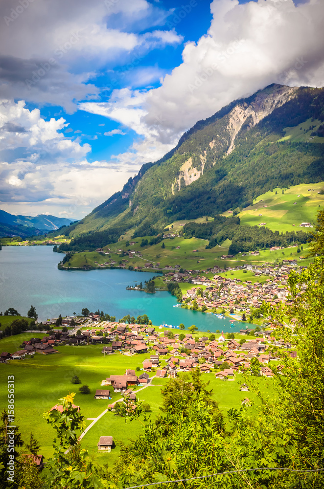 Aerial view on Lungernsee lake near Luzern, Switzerland, Europe