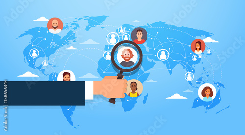 Hand Hold Magnifying Glass Choose Candidate Job Position Business People to Hire Over World Map Vector Illustration