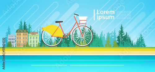 Bicycle Over Summer Landscape Mountain Forest Trees On River Bank Ecological Transport Concept Flat Vector Illustration