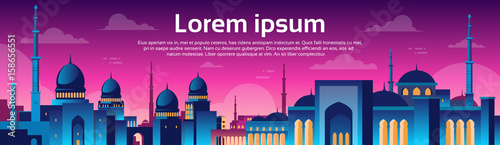 Muslim Cityscape Nabawi Mosque Building Religion Night View Flat Vector Illustration