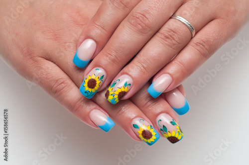 French blue manicure on long square nails. Painted sunflowers. Year manicure. Rice flowers. Novelty. 