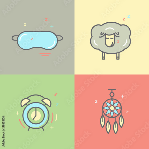 Color collection of isolated vector line icons with sleep problems and insomnia symbols