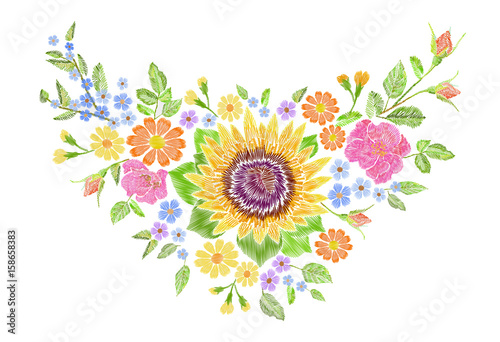 Fototapeta Naklejka Na Ścianę i Meble -  Sunflower field wild floral embroidery arrangement neckline decoration. Fashion textile floral clothing print.Colourful daisy small blue herb rose vector illustration