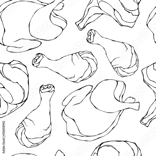 Seamless with Raw Chicken or Turkey. Isolated On a White Background. Realistic Doodle Cartoon Style Hand Drawn Sketch Vector Illustration. Fresh Meat Food Pattern.