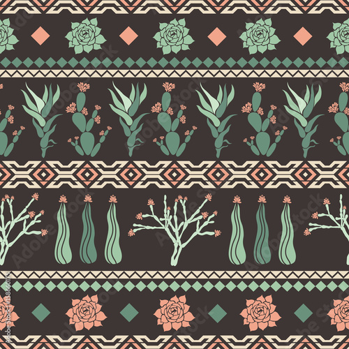 Sempervivum, Haworthia, Opuntia, Hatiora. Seamless pattern with cacti, succulents and geometric shapes in the form of a rhombus, triangles. Vector illustration.