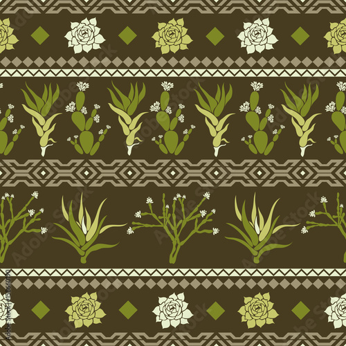 Sempervivum, Haworthia, Opuntia, Hatiora. Seamless pattern with cacti, succulents and geometric shapes in the form of a rhombus, triangles. Vector illustration.