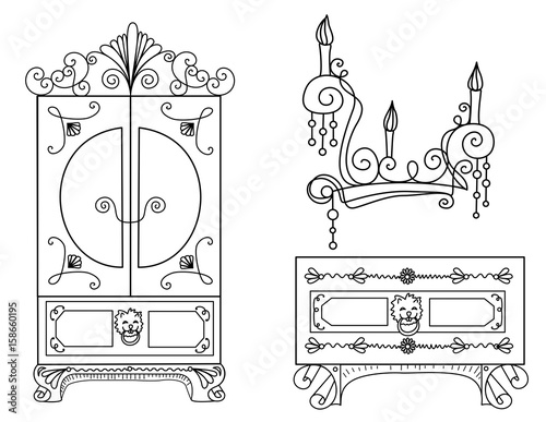 Vector silhouette of hand drawn classy bedroom set as cloth storage, chest with drawer and wall lamp bra on white background, isolated cartoon painted illustration of furniture , high quality