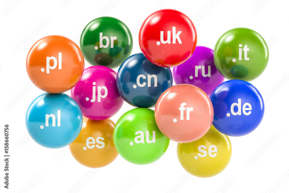 Set of colored balls with country code top-level domain names, 3D rendering Set of colored balls with country code top-level domain names, 3D rendering