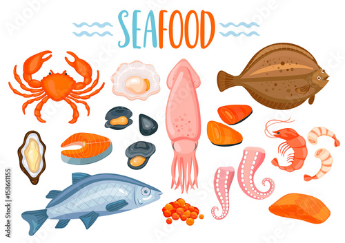 Set of seafod icons in cartoon style.