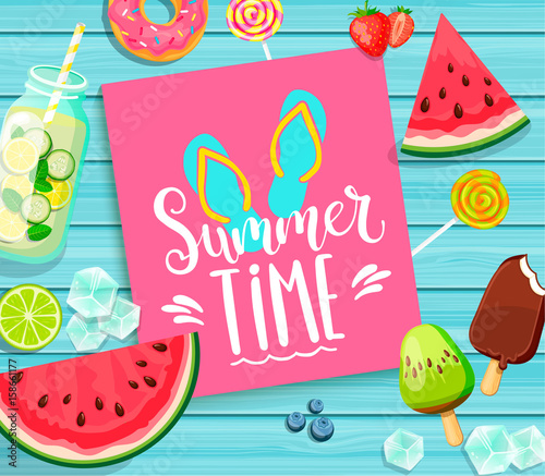 Summer time lettering on blue wooden background.