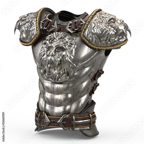Medieval armor on the body in the style of a lion with large shoulder pads on an isolated white background. 3d illustration