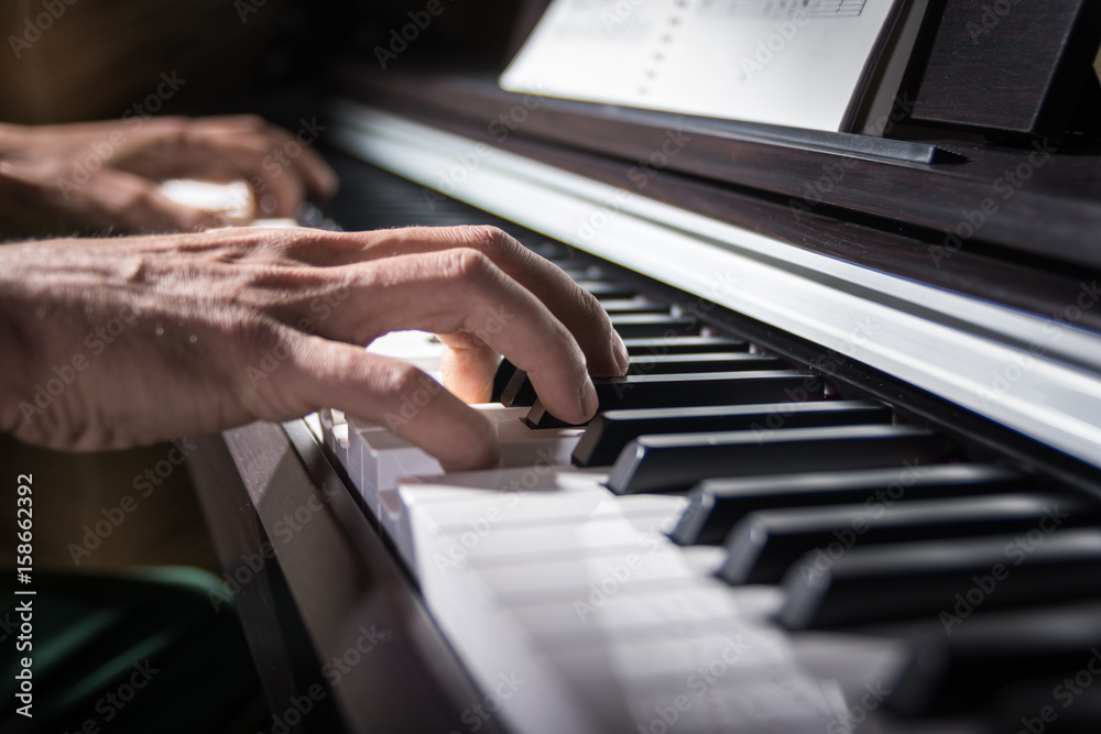 Fototapeta premium Male hand playing the keys of piano