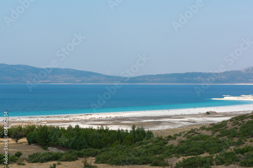 White sandy beach and sky in Lake Salda Turkey