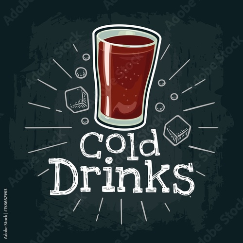 Cup of cola. Vector flat illustration with engraving rays, lettering, bubble