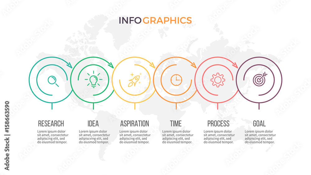 Business infographics. Presentation with 6 options, circles. Thin line vector template.