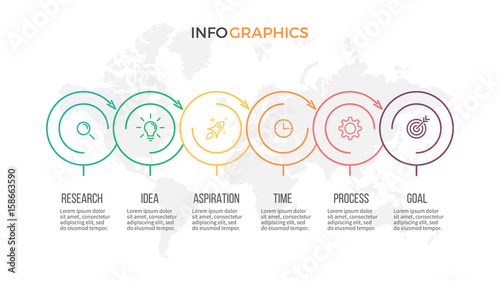 Business infographics. Presentation with 6 options, circles. Thin line vector template.