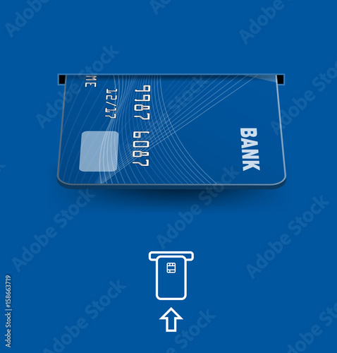 Credit cards in ATM on blue background. Vector illustration
