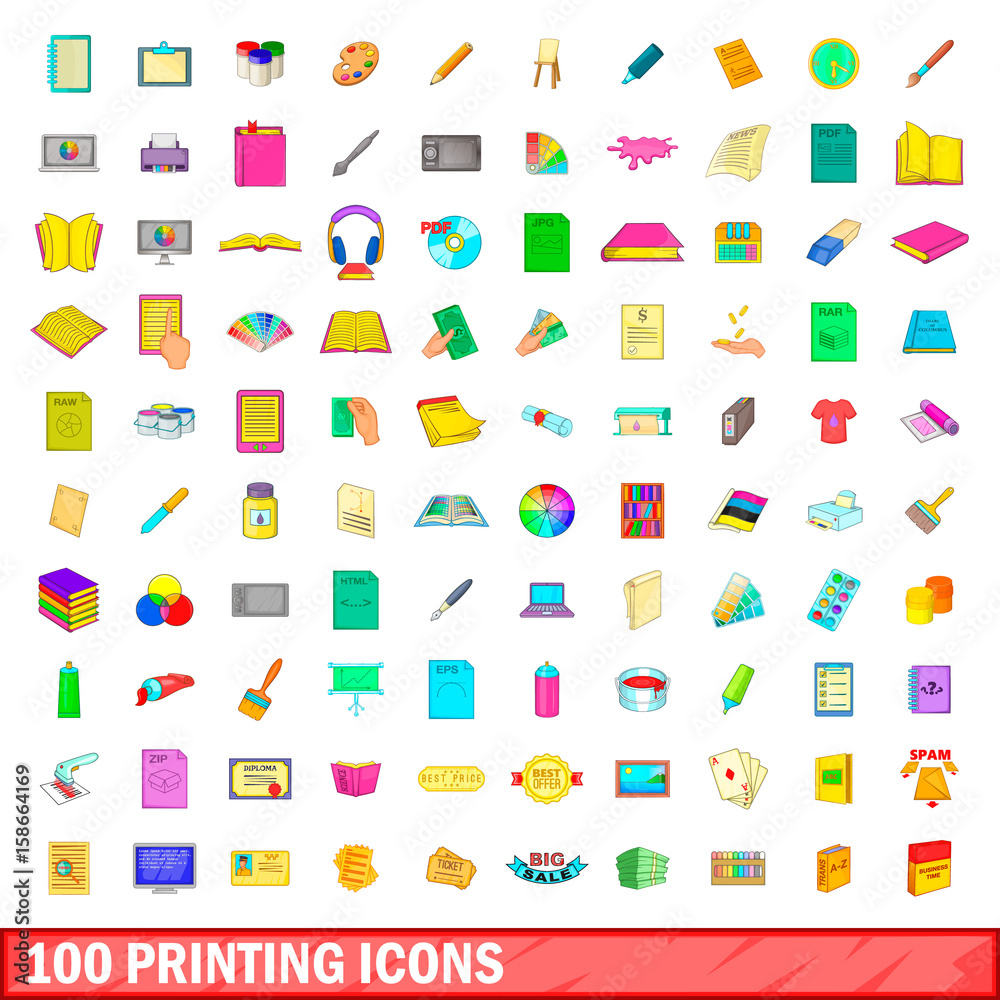 100 printing icons set, cartoon style 100 printing icons set, cartoon style