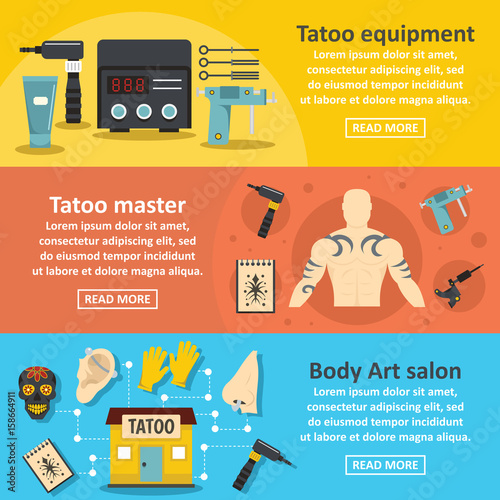 Tattoo studio banner horizontal set, flat style