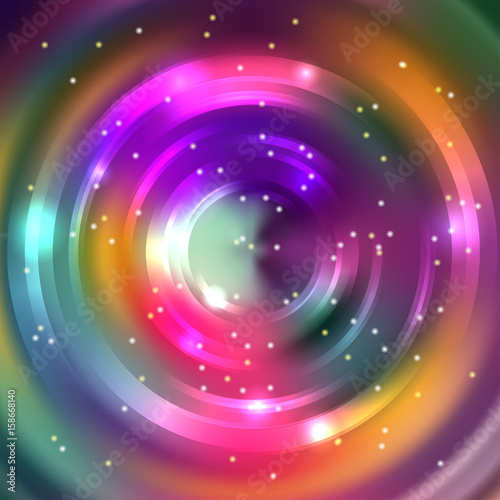 Abstract colorful circle background, Vector design. Vector infinite round tunnel of shining flares. Pink, orange, purple, green colors.