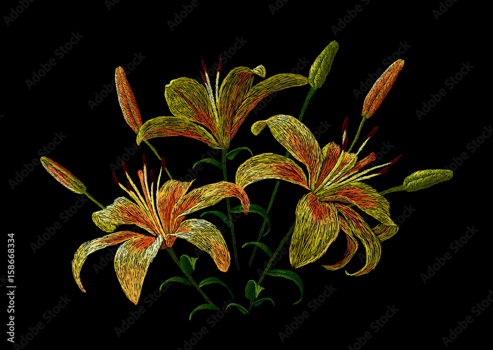 Emroidery fashion design template with yellow garden lily stitched pattern vector floral illustration