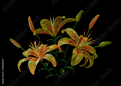 Emroidery fashion design template with yellow garden lily stitched pattern vector floral illustration
