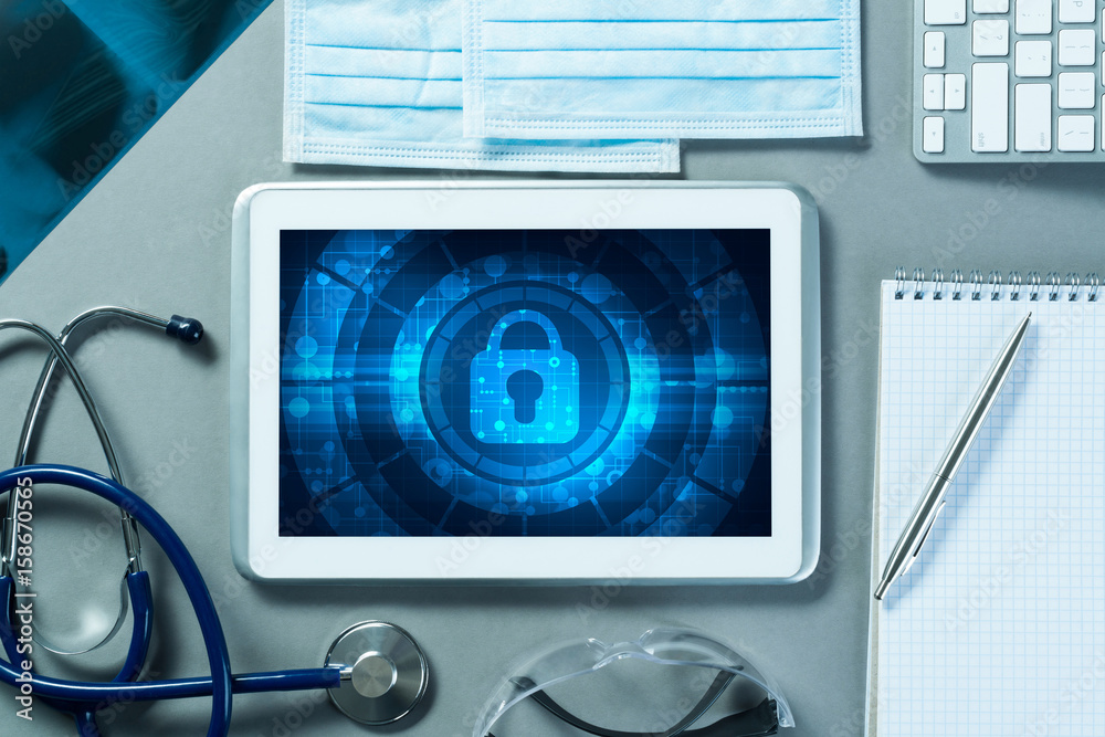 Web security and technology concept with tablet pc on table