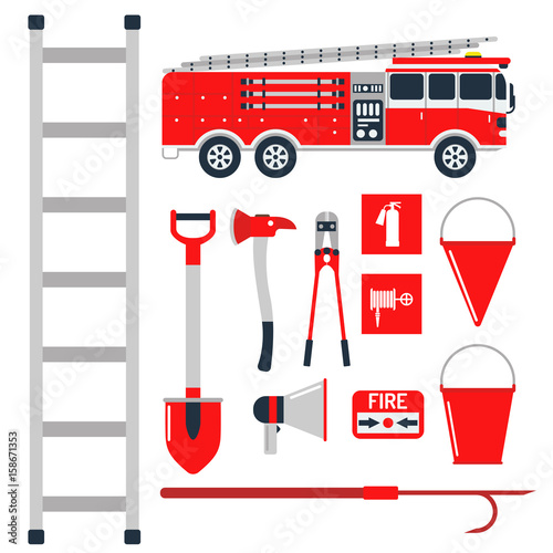 Fire safety equipment emergency tools firefighter safe danger accident protection vector illustration.