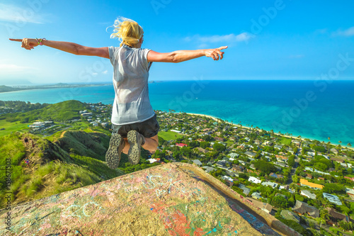Принти на полотні Happy hiker jumping
