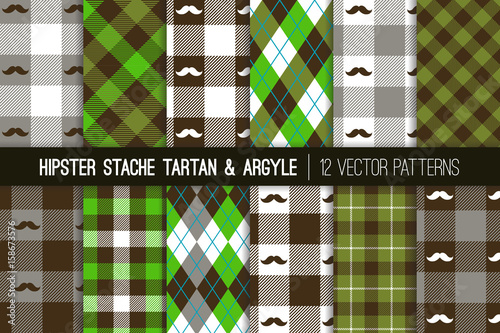 Hipster Mustache Tartan Plaid and Argyle Seamless Vector Patterns in Green, Dark Brown and Grey. Father's Day Backgrounds. Pattern Tile Swatches Included.