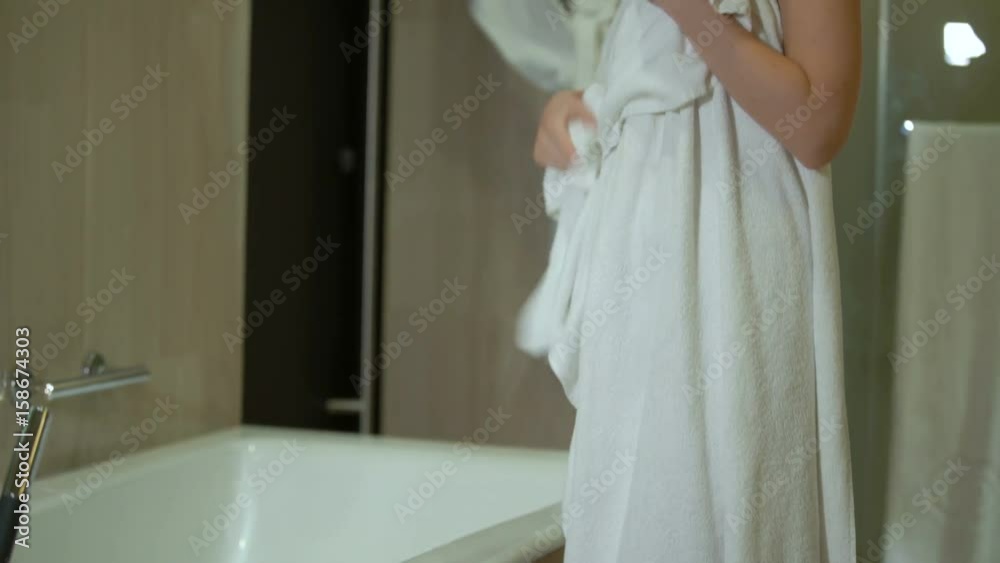Naked Woman Is Wiping Legs With Towel After Taking Shower Nude Beautiful Girl Wipes Her Body