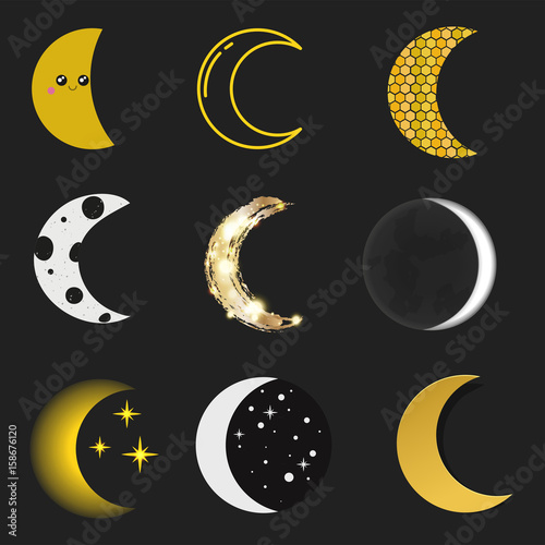 Photography Different moon nature cosmos cycle satellite surface whole cycle from new star vector illustration