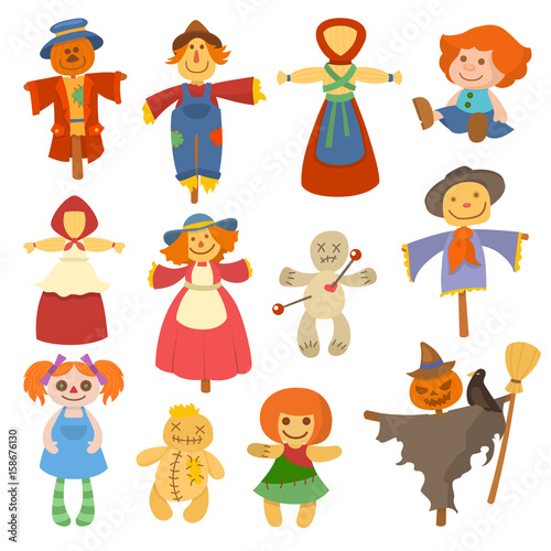 Different dolls toy character game dress and farm scarecrow rag-doll vector illustration