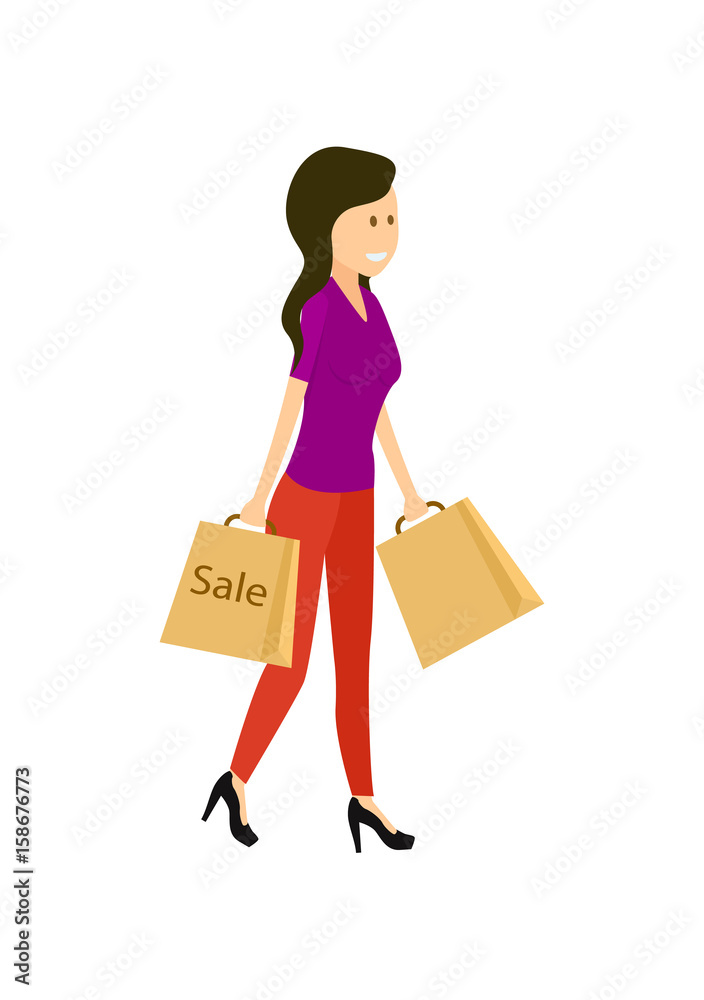 Young woman with full supermarket paper bag isolated icon. Shopping people, retail design vector illustration in flat design.