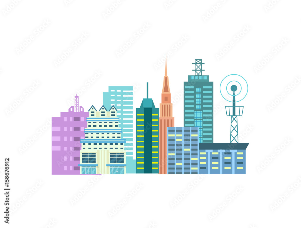 Urban cityscape isolated icon. Commercial real estate, multi storey building, business architecture, skyscraper design vector illustration.