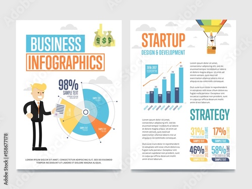 Business infographics banner set with chart and businessman vector illustration. Abstract data visualization element, marketing chart, graph. Startup strategy, business statistics, planning, analytics