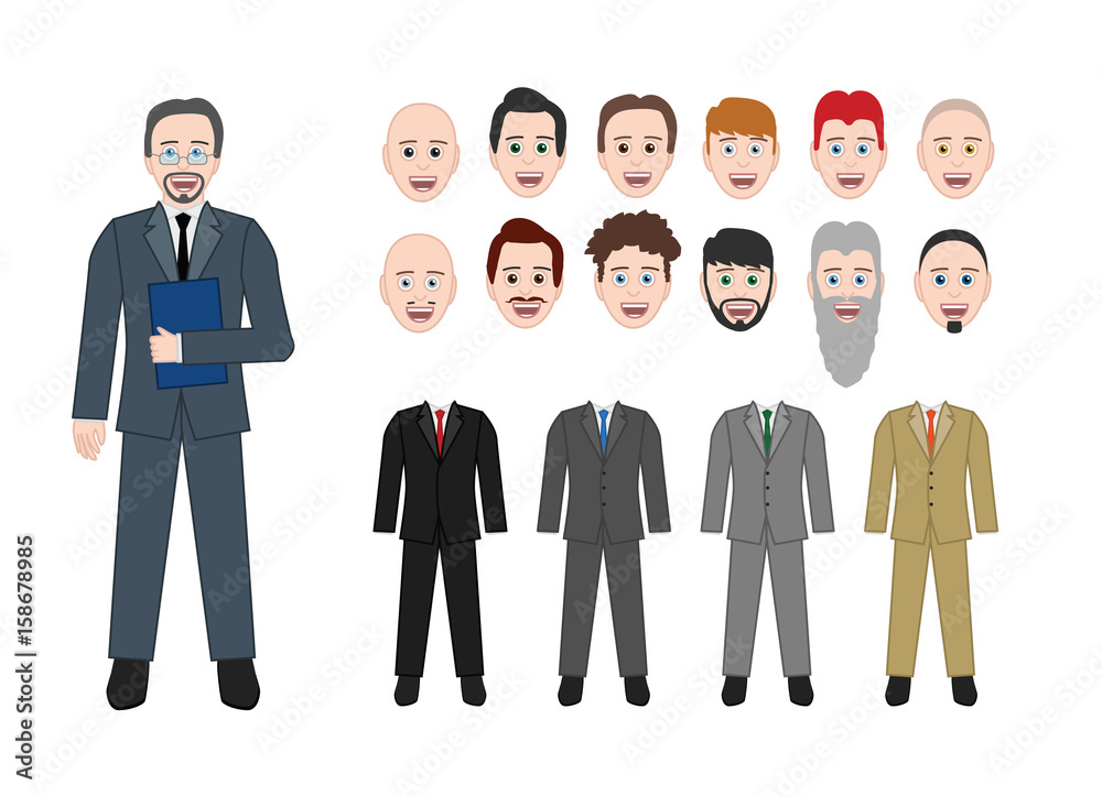 Businessman make your own character set, different hair cuts and facial hair, suit color schemes isolated on white background, vector eps10 illustration cartoon style Businessman make your own character set, different hair cuts and facial hair, suit color schemes isolated on white background, vector eps10 illustration cartoon style