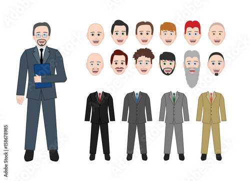 Businessman make your own character set, different hair cuts and facial hair, suit color schemes isolated on white background, vector eps10 illustration cartoon style