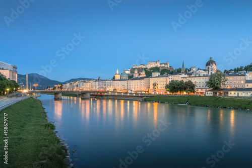 Beautiful old town with the river at sunset - Salzburg, Austria