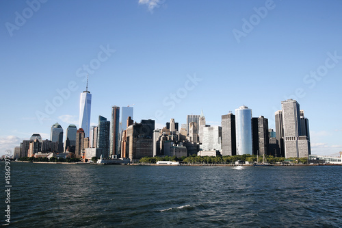 Manhattan skyline. Boat ride on Hudson river. Sunny summer day. Travel  vacation  sightseeing  New York  tourism  and urban living concept