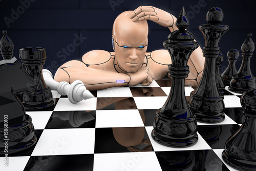 Cyborg man playing chess. 3d rendering illustration