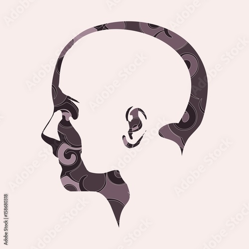 Face side view. Elegant silhouette of a female head decorated by spiral pattern. Vector Illustration. Monochrome gamma.