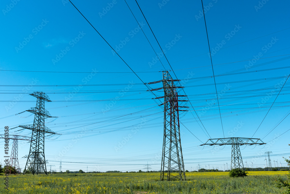 Transmission towers with power lines seen in Germany Transmission towers with power lines seen in Germany