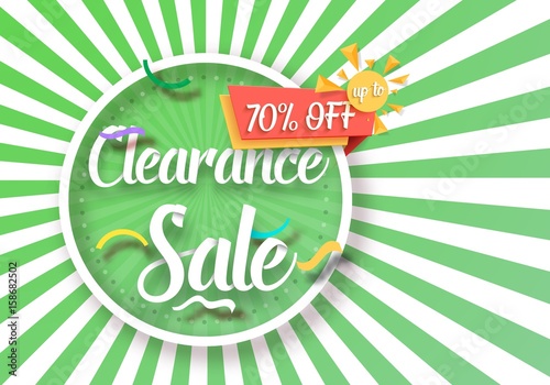 Illustration of Clearance Sale Vector Poster with Sunburs Lines on Background. Bright Sale Flyer Template